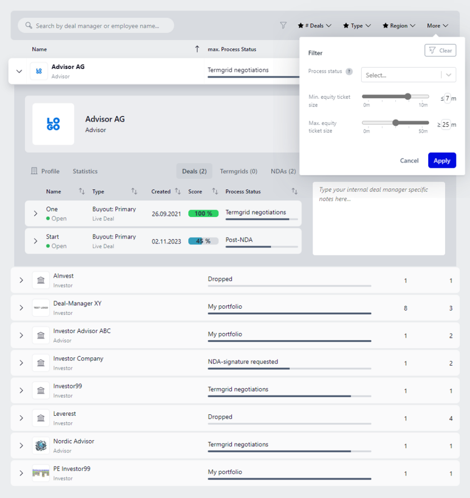 Streamlined Dealmanager relationship via the Leverest Database of sponsors, advisors and corporates enriched with your personal CRM Data